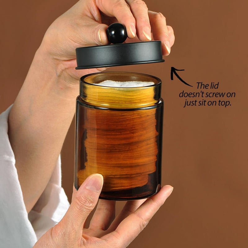 Komashr Amber Glass Qtip Holder, Apothecary Jar,Qtip Dispenser with Metal Lid & Stickers- 3Pack Containers,Vanity Canister Organizer Storage,Bathroom Accessories Set for Cotton Swab, Ball, Pad, Floss - Image 3